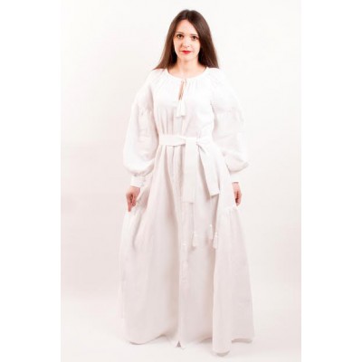 Boho Style Ukrainian Embroidered Maxi Broad Dress White on White "Ukrainian Tradition"